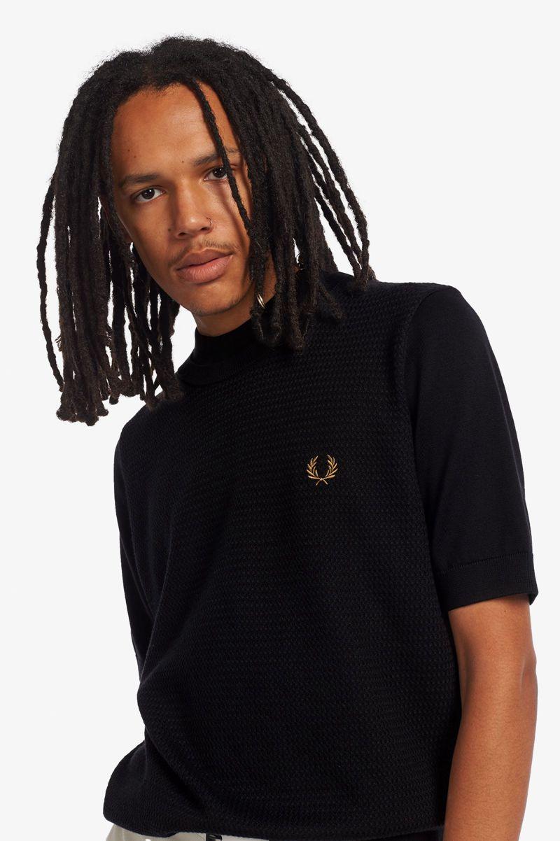 Black Fred Perry Double Trim Knitted Men's T Shirts | PH 1642SGLO